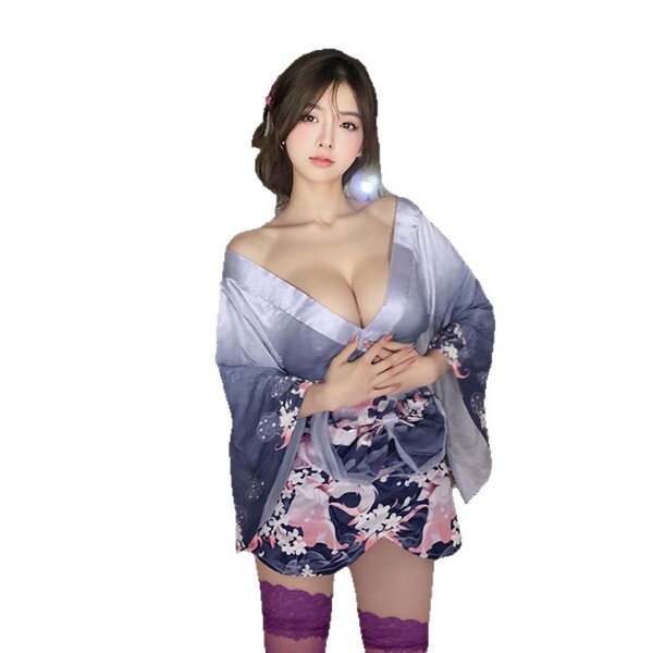Sexy deep v anime lingerie set - japanese kimono style cosplay outfit for role play, featuring elegant design and vibrant pat...