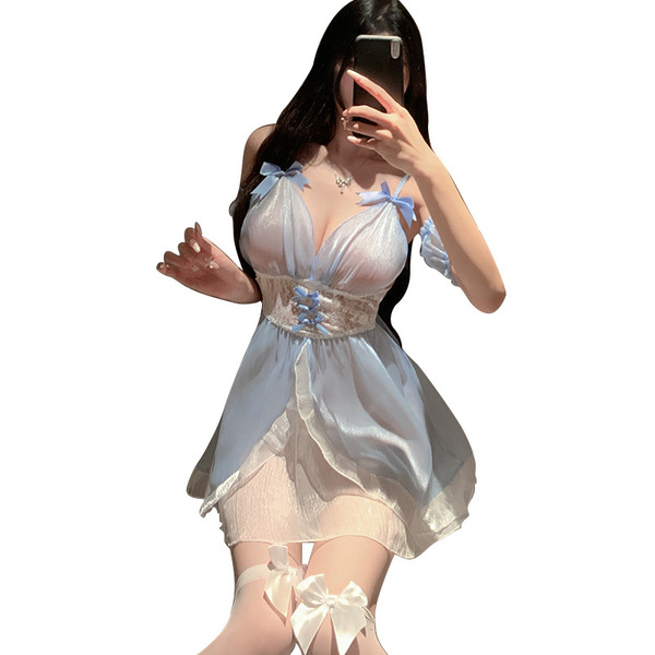 Sexy deep v lace corset set - sheer pearl mesh maid costume with waist-cinching design for women