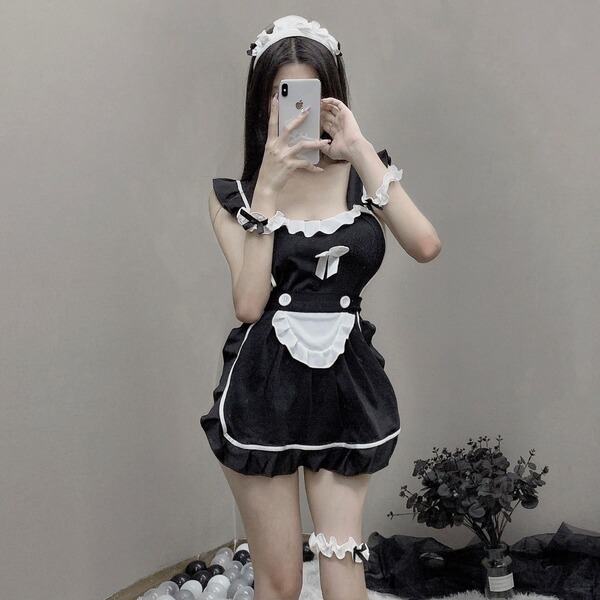 Sexy deep v lace maid costume for women featuring flirty petticoat dress with seductive silhouette, perfect for themed events...