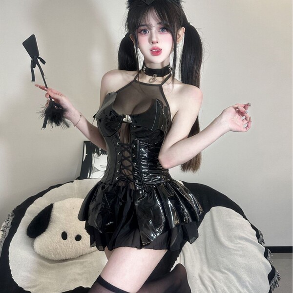 Sexy devil lingerie set - sheer temptation outfit with leather-look straps and bedroom bondage style