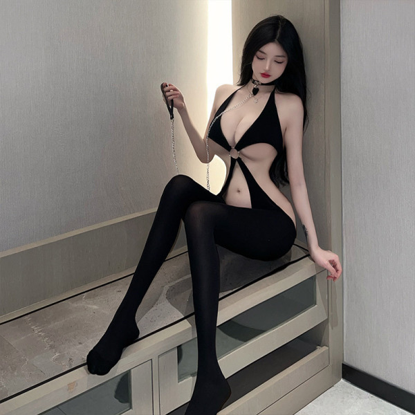 Sexy -style bodysuit set featuring sheer mesh top, open-crotch tights, and halter neck design — bold, elegant, and effortles...