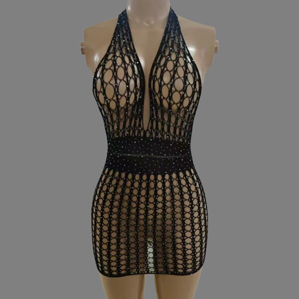 Sexy -style lace mesh bodysuit with rhinestone stars - sheer fishnet beach skirt & tight mini dress for women