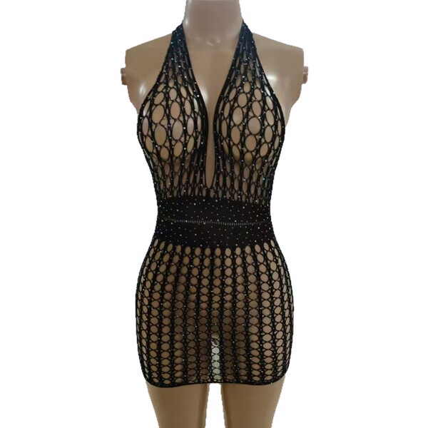 Sexy -style lace mesh bodysuit with rhinestone stars - sheer fishnet beach skirt & tight mini dress for women