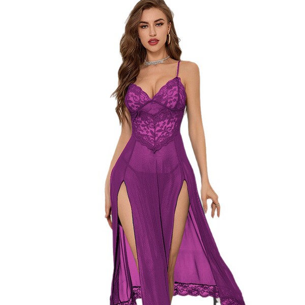 Vibrant purple lace dress featuring deep v-neckline, sheer fabric, and side slit design, perfect for a secretary style lounge...