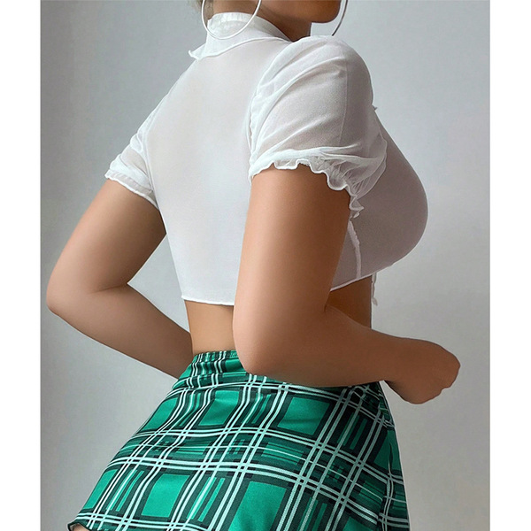 Sexy style passion lingerie set featuring a plaid mini skirt, sheer top, and thong, perfect for adults seeking bold fashion...