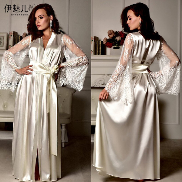 Sexy european-style ice-silk look plus size sleep dress featuring elegant lace sleeves and a flowing design, perfect for luxu...