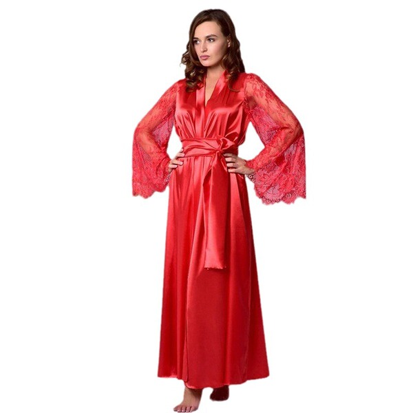 Sexy european-style ice-silk look plus size sleep dress with lace details and belt, perfect for comfort and style.