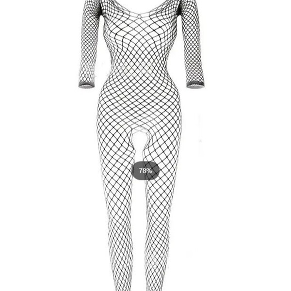 Sexy european lace mesh bodysuit with open-crotch design and sheer stockings set for women.