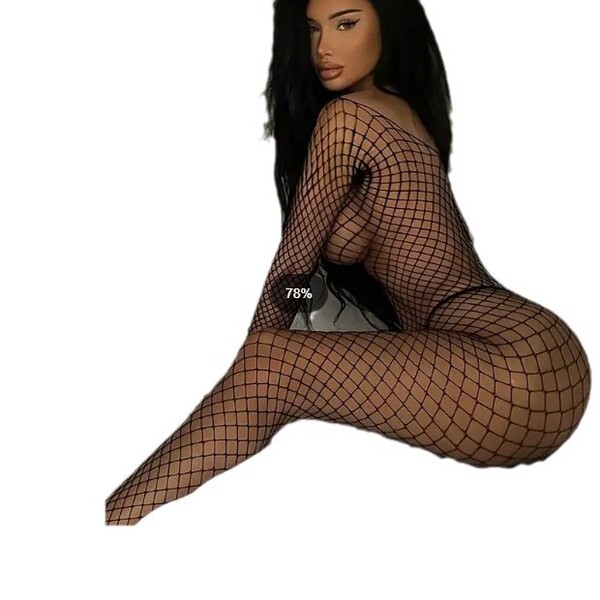 Woman wearing a sexy european lace mesh bodysuit with open-crotch design and sheer stockings, posing elegantly.
