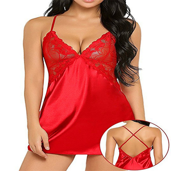 Sexy european-style lace sleep dress set with crisscross back straps – breathable imitation silk intimate nightwear