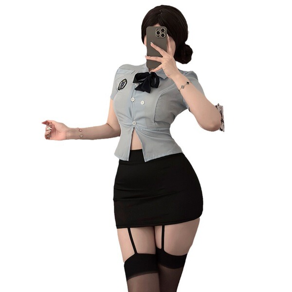 Sexy female police officer costume - role play uniform for women, featuring a tight skirt, blouse with buttons, and thigh-hig...