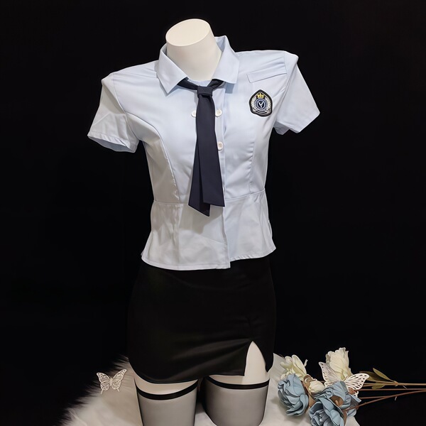 Sexy female police officer costume with tight white shirt, black tie, and skirt for role play, cosplay, teachers, and student...