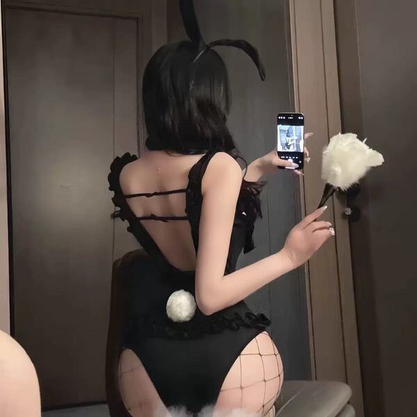 Sexy fishnet bodysuit set featuring lace rabbit costume with snap crotch design, perfect for naughty lingerie outfits.