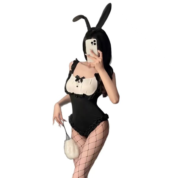 Sexy fishnet bodysuit set featuring lace rabbit costume with snap crotch design, perfect for naughty lingerie outfits.