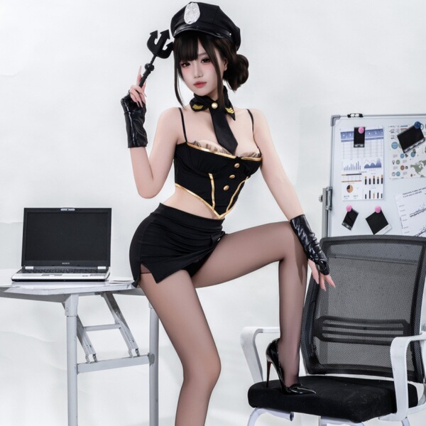Sexy flight attendant costume set featuring a tight airline uniform top with tearable stockings, perfect for role play fun.