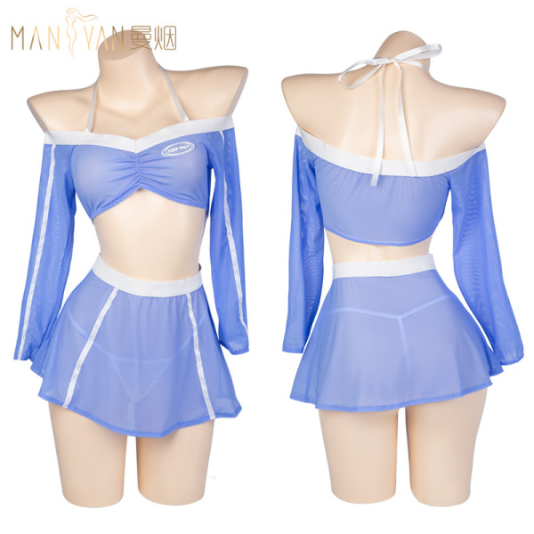 Sexy blue football cheerleader costume set with detachable skirt, perfect for cosplay and role play.