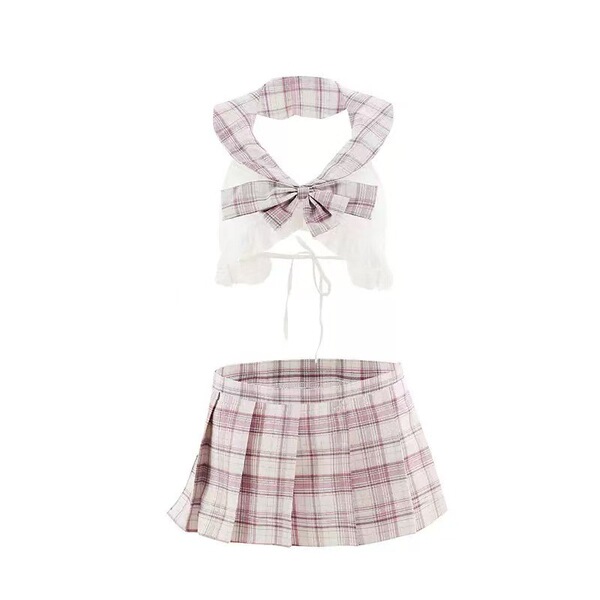 Sexy grid jk student lingerie set - summer lace-up hollow-out school uniform outfit for women, featuring plaid design and sai...