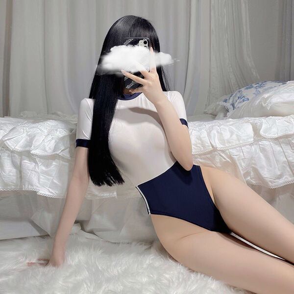Sexy gymnastics outfit set - cute schoolgirl costume for role play & bedroom fun, featuring a white bodysuit with navy accent...
