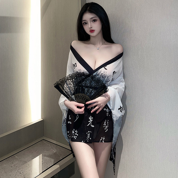 Sexy hanfu lingerie set - japanese-inspired erotic costume for role play & at-home wear, featuring elegant black lace and tra...