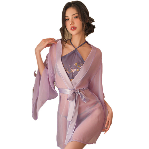 Woman wearing a sexy hanfu lingerie set with embroidered bodice and sheer tunic, styled in ancient chinese fashion for small ...