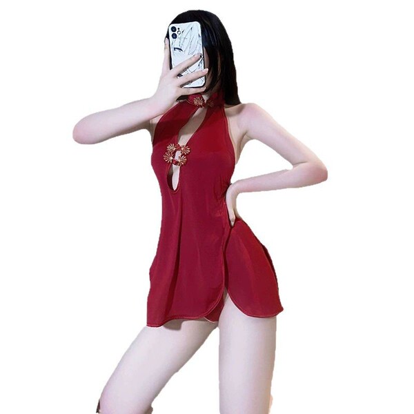 Sexy ice silk cheongsam lingerie set - busty pure-temptation nightclub outfit & seductive sleepwear