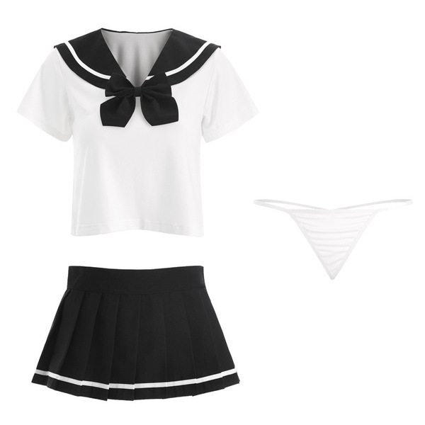 Sexy innocent schoolgirl lingerie set featuring a pleated mini skirt, sailor top with bow, and thong-style underwear, perfect...