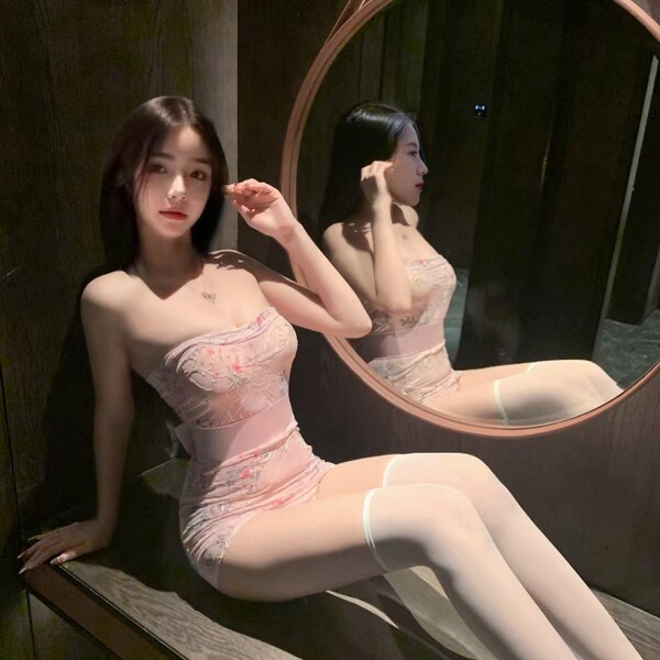 Sexy japanese-style lingerie set featuring embroidered sheer kimono outfit with backless halter and bodycon skirt.