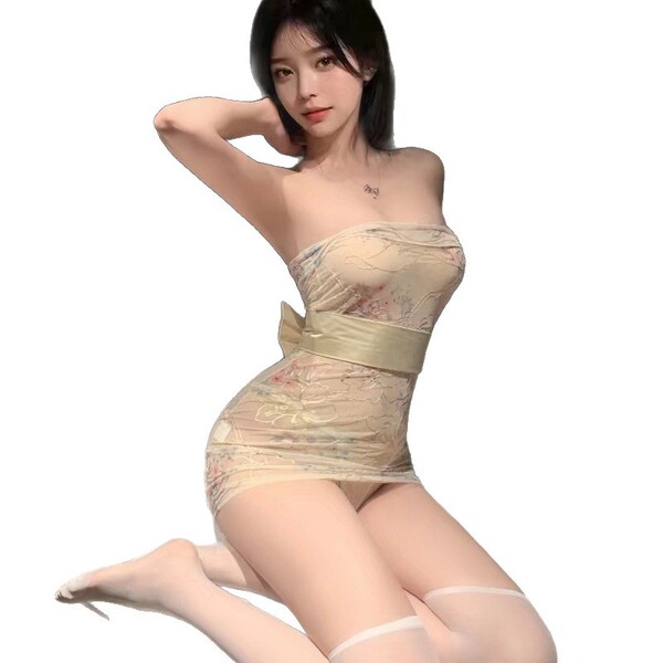 Sexy japanese-style lingerie set featuring embroidered sheer kimono outfit with backless halter and bodycon skirt.