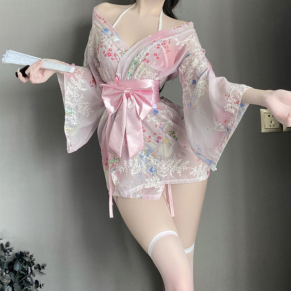 Sexy japanese-style lingerie sleepwear set - plus size kimono outfit for bedroom romance & seduction, featuring floral patter...