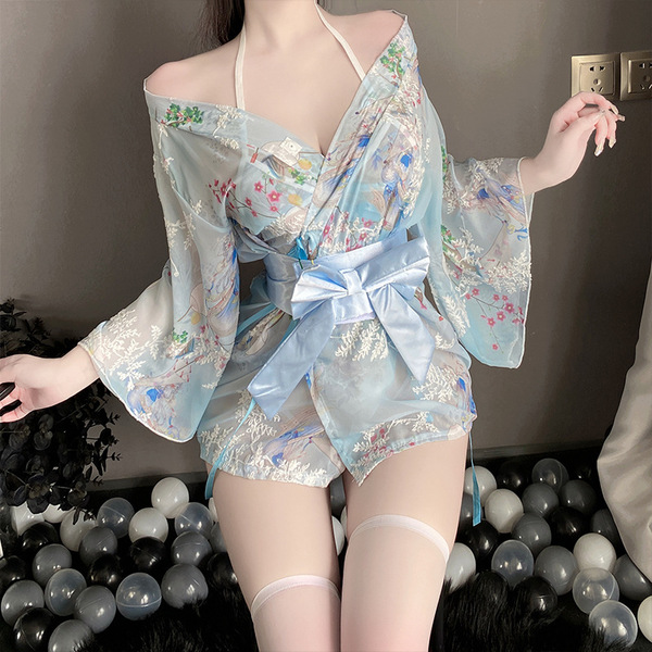 Sexy japanese-style lingerie sleepwear set - plus size kimono outfit for bedroom romance & seduction, featuring floral patter...