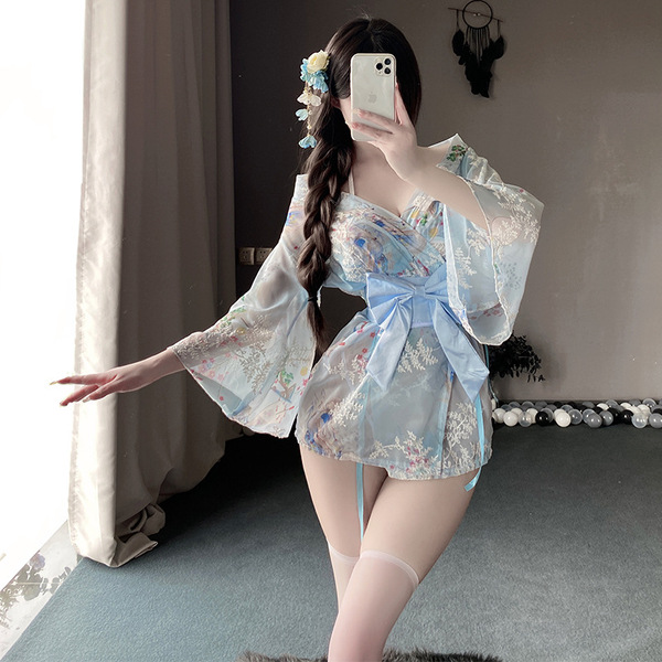 Sexy japanese-style lingerie sleepwear set - plus size kimono outfit for bedroom romance & seduction, featuring delicate flor...