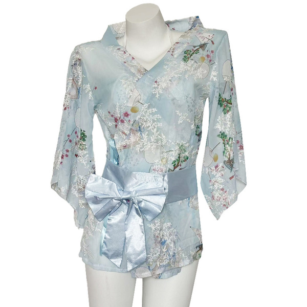 Sexy japanese-style lingerie sleepwear set - plus size kimono outfit for bedroom romance & seduction, featuring floral patter...