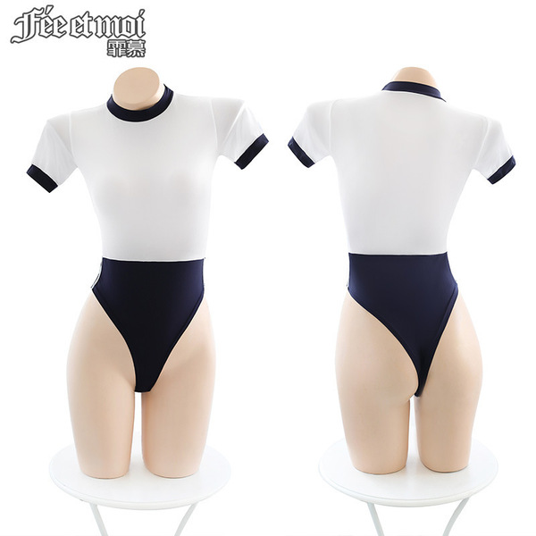 Sexy japanese-style open-crotch bodysuit - seductive swimwear-inspired lingerie set for adults, featuring white top with navy...