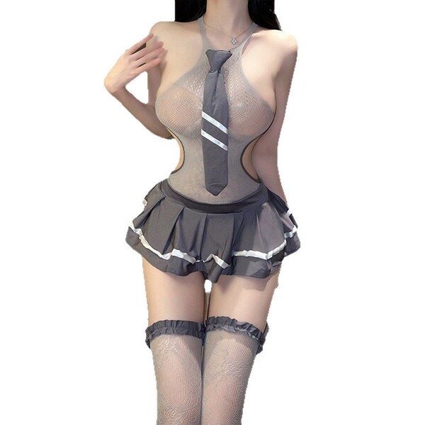 Sexy japanese schoolgirl costume - lace-trimmed jk uniform bodysuit with sheer panels & pleated skirt