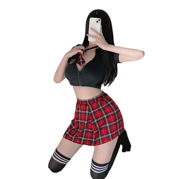 Sexy jk style lingerie set with red plaid skirt, black crop top, and adjustable ties for a school uniform-inspired look.