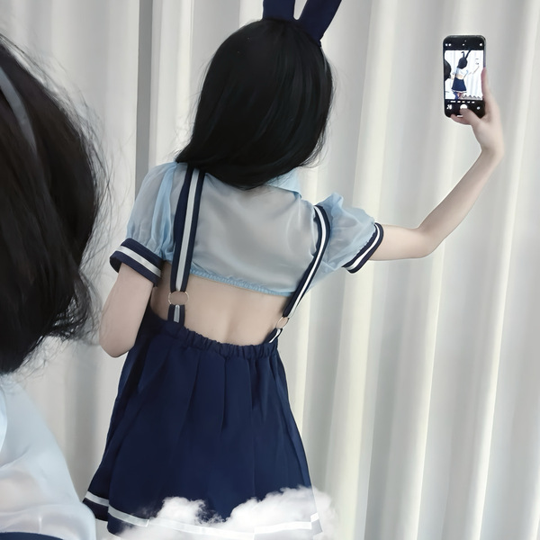Sexy jk uniform costume set featuring a bunny girl outfit with bunny ears, perfect for nightclub cosplay and role play.