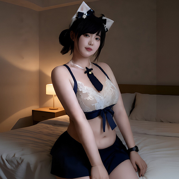 Sexy jk uniform set featuring lace bralette and navy skirt, perfect for seductive bedroom lingerie and couples sleepwear. ide...