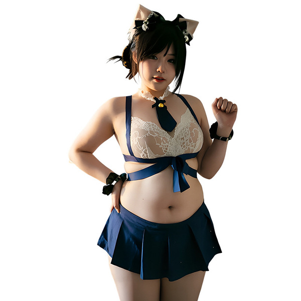 Sexy jk uniform set featuring lace bralette with tie detail, navy pleated skirt, and cat ears headband, perfect for couples s...