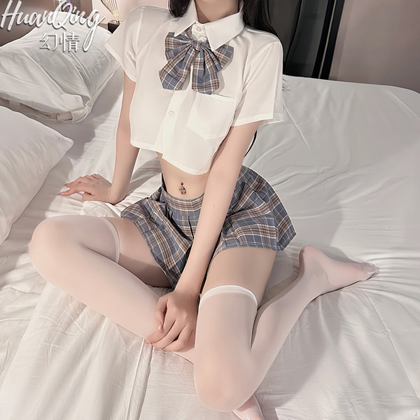 Sexy jk uniform set for small bust - revealing chest school outfit, flirty pleated college costume featuring a plaid bow tie ...