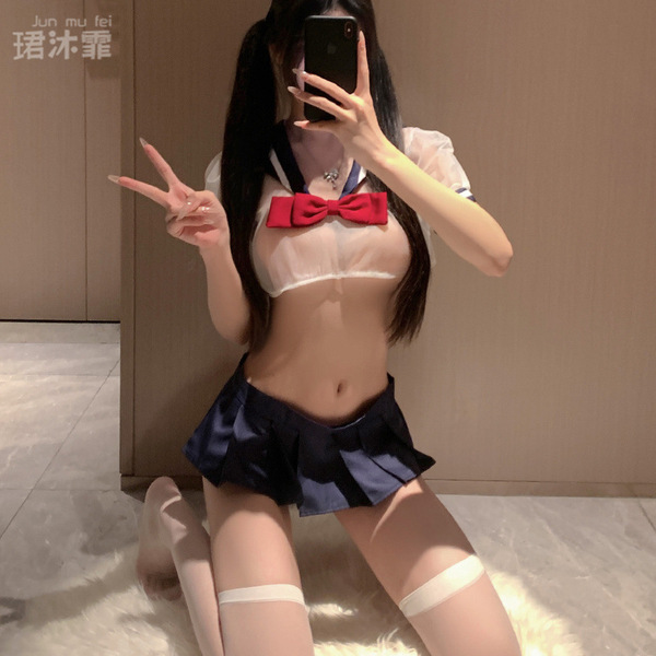 Sexy jk uniform set for women – sheer lace schoolgirl outfit with seductive sleep dress & bow details
