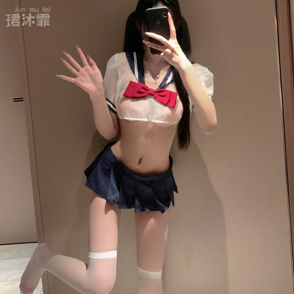 Sexy jk uniform set for women featuring sheer lace schoolgirl outfit with seductive sleep dress and bow details.