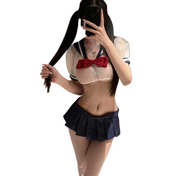 Sexy jk uniform set for women featuring sheer lace schoolgirl outfit with seductive sleep dress and bow details.