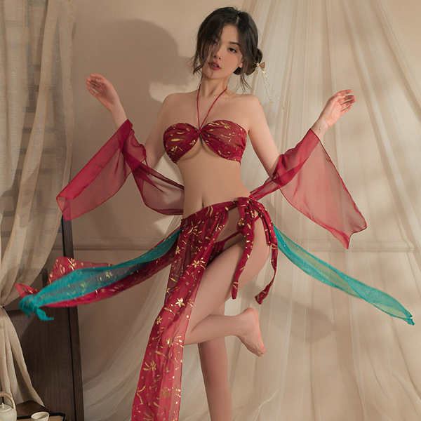Sexy kimono lingerie set - dunhuang flying apsaras inspired sheer hanfu bustier outfit featuring intricate designs and flowin...
