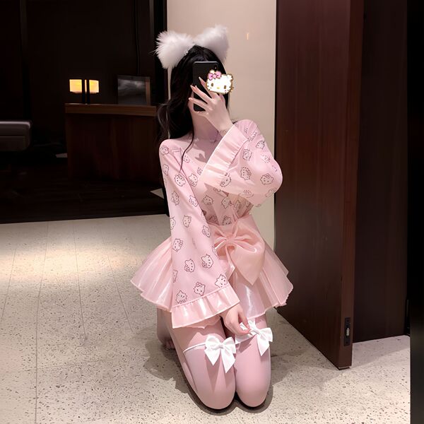 Sexy Backless Sleep Dress - Kawaii Japanese-Inspired Lingerie with Bow & Floral Print, Pure Temptation Nightwear - Sexy kimono + white ears + matching butterfly stockings