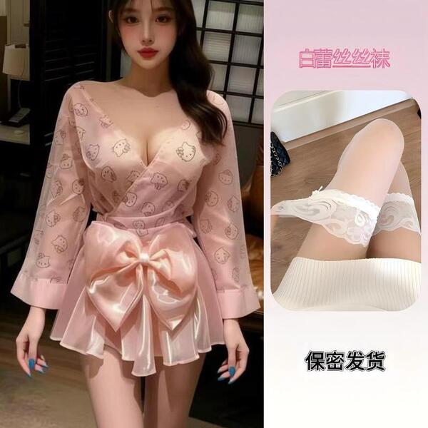 Sexy Backless Sleep Dress - Kawaii Japanese-Inspired Lingerie with Bow & Floral Print, Pure-Yet-Seductive Nightwear - Sexy kimono + white lace stockings