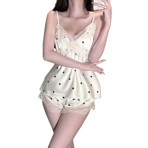 Sexy lace babydoll sleep set featuring black polka dots, delicate lace trimmings, and built-in pads for elegant at-home role ...