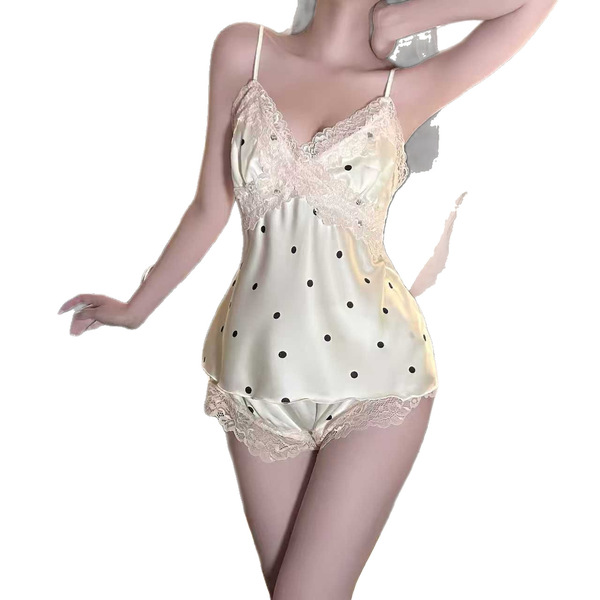 Sexy lace babydoll sleep set featuring polka dots, delicate lace trimmings, and built-in pads for elegant nightwear designed ...