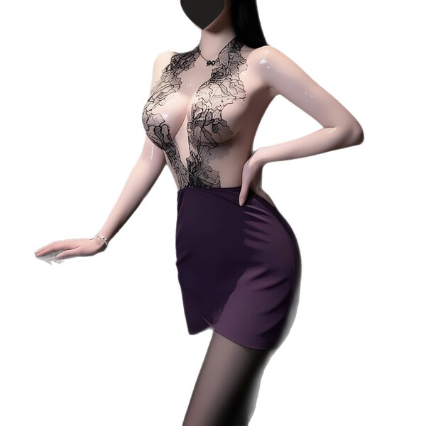 Sexy lace bodycon mini dress with sheer cutouts, featuring a seductive lingerie set and matching sleepwear for alluring night...