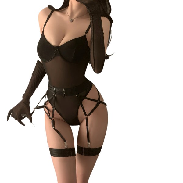 Woman wearing a black sheer lace bodysuit set with boning, straps, and matching gloves.