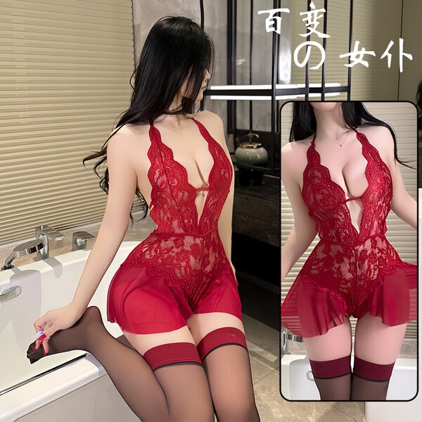 Sexy lace bodysuit set featuring deep v-neckline and thigh-high stockings, perfect for plus-size women seeking bold, seductiv...